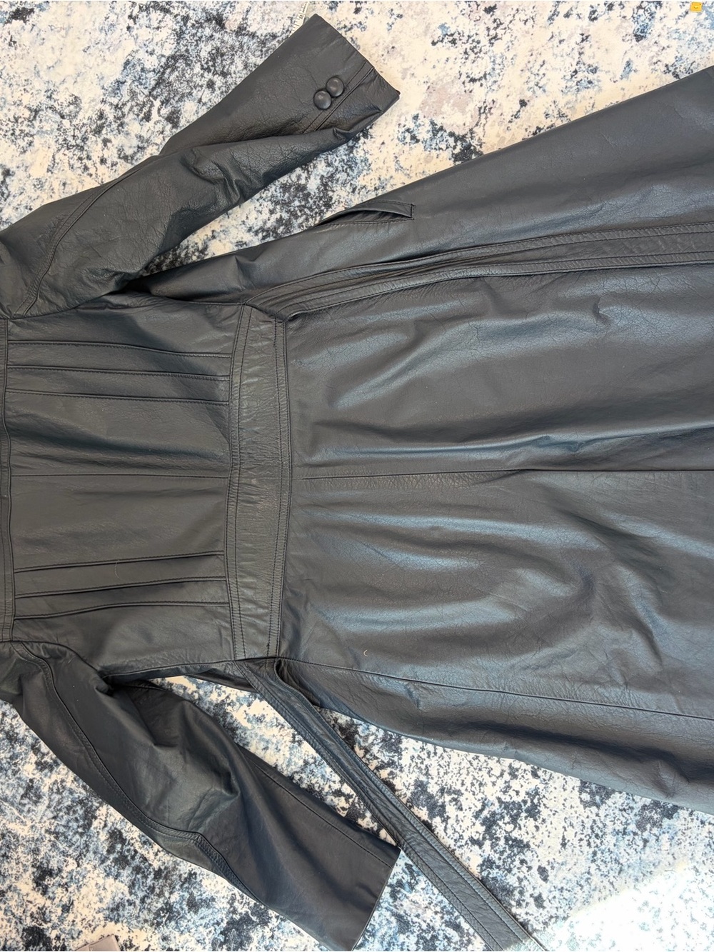 Vintage Navy Leather Belted Trench Coat Long Minimalist - Picture 5 of 10
